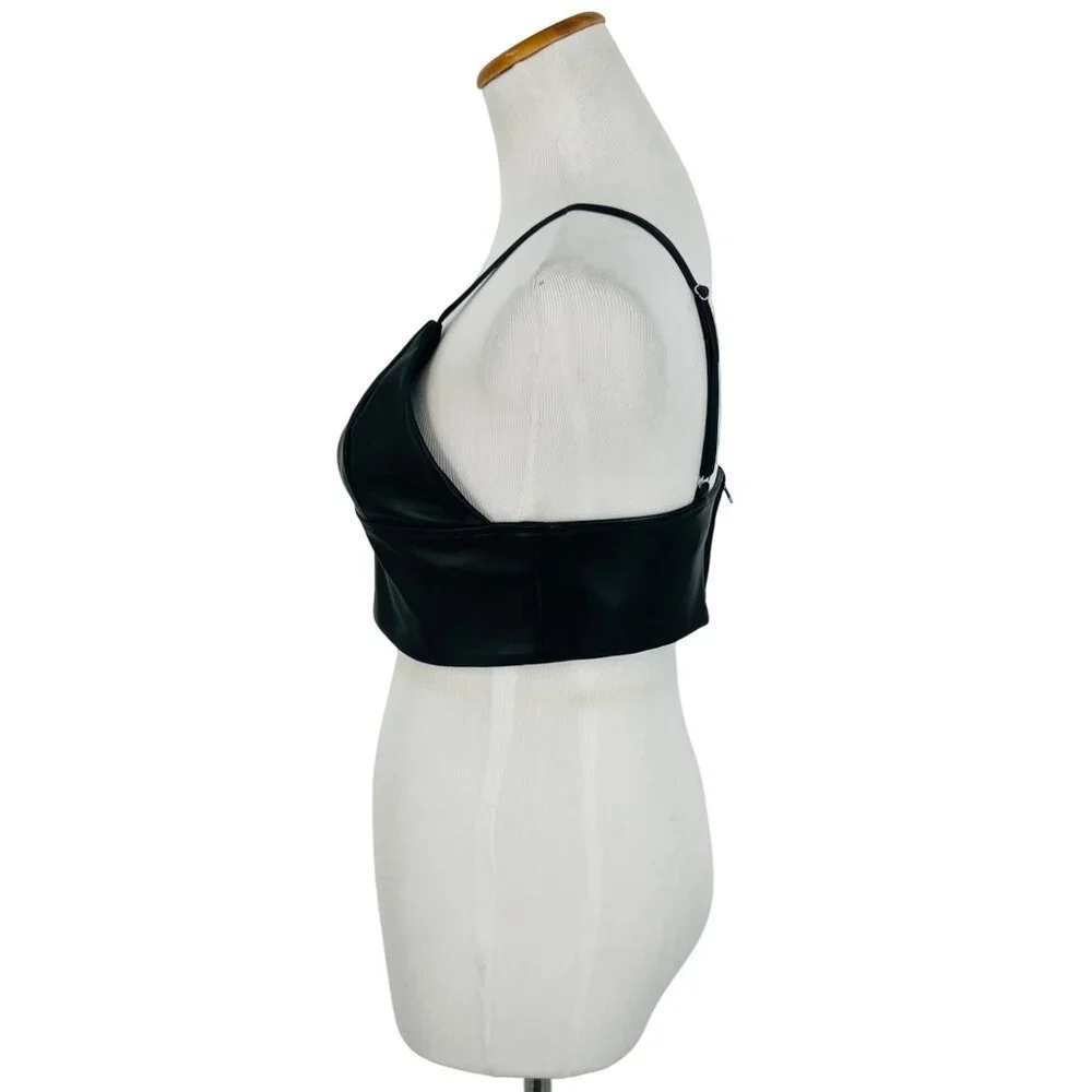 NWOT Shoedazzle Black Soft Vegan Leather Edgy V-Neck Sexy Club Rave EDM Crop Top - Picture 4 of 16